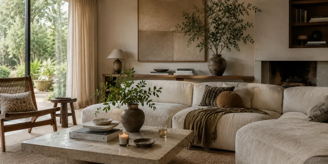 Warm neutral Organic Modern living room with curved sofa and natural materials