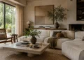Warm neutral Organic Modern living room with curved sofa and natural materials