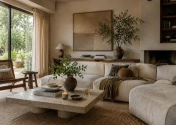 Warm neutral Organic Modern living room with curved sofa and natural materials