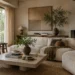 Warm neutral Organic Modern living room with curved sofa and natural materials