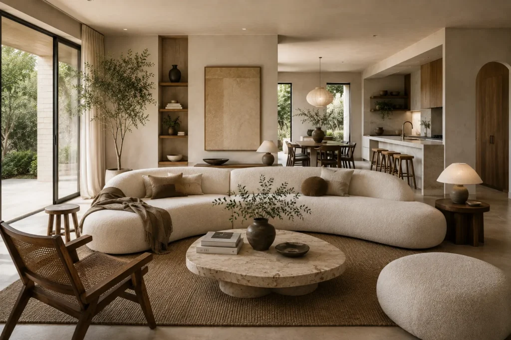 Organic Modern living room showcasing natural materials, curved furniture, texture, and negative space