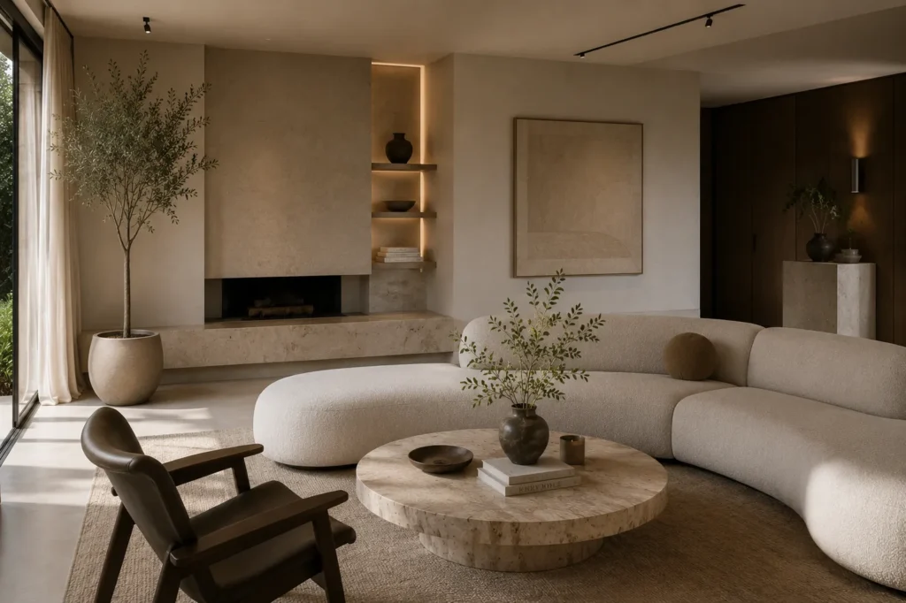 Sophisticated Organic Modern living room with natural stone, sculptural furniture, and restrained styling