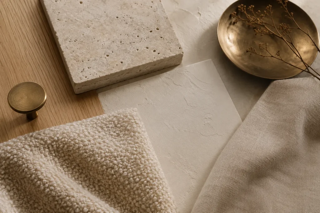 Oak, limewash, travertine, and linen used in an Organic Modern interior