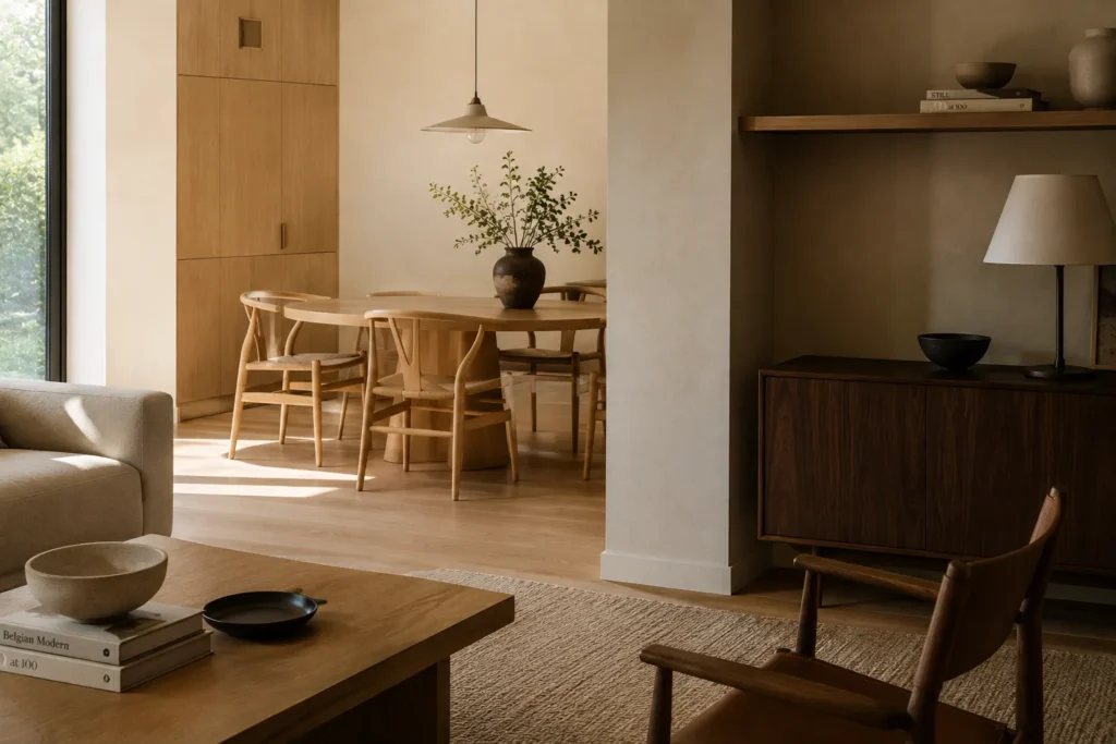 Organic Modern interior featuring contrasting white oak and walnut wood tones