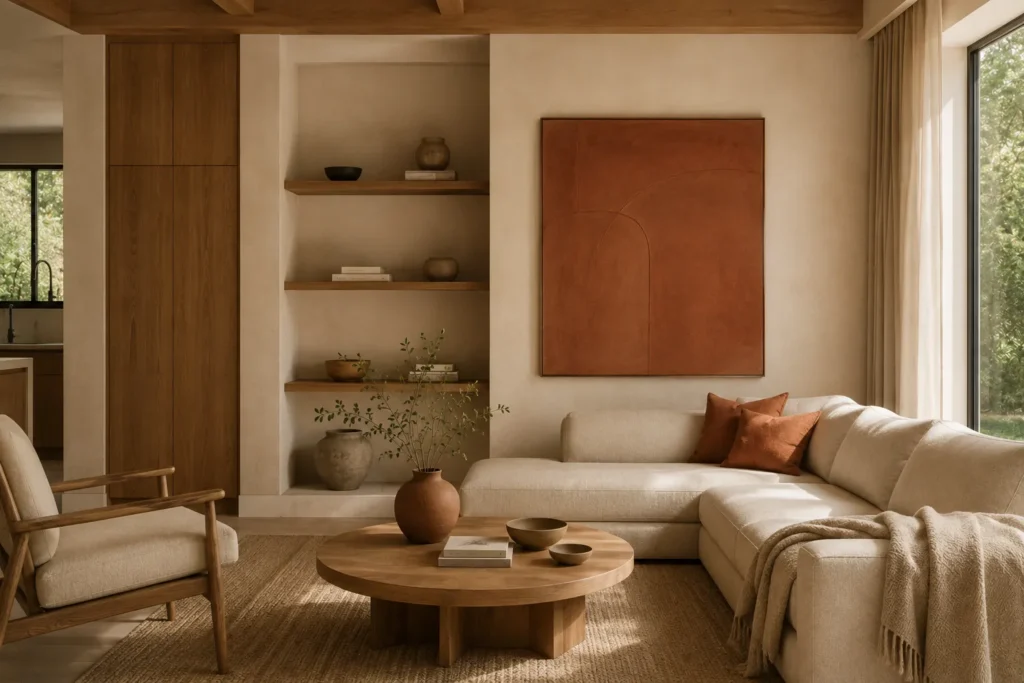 Organic Modern interior with warm white, natural wood, and earthy accent colors