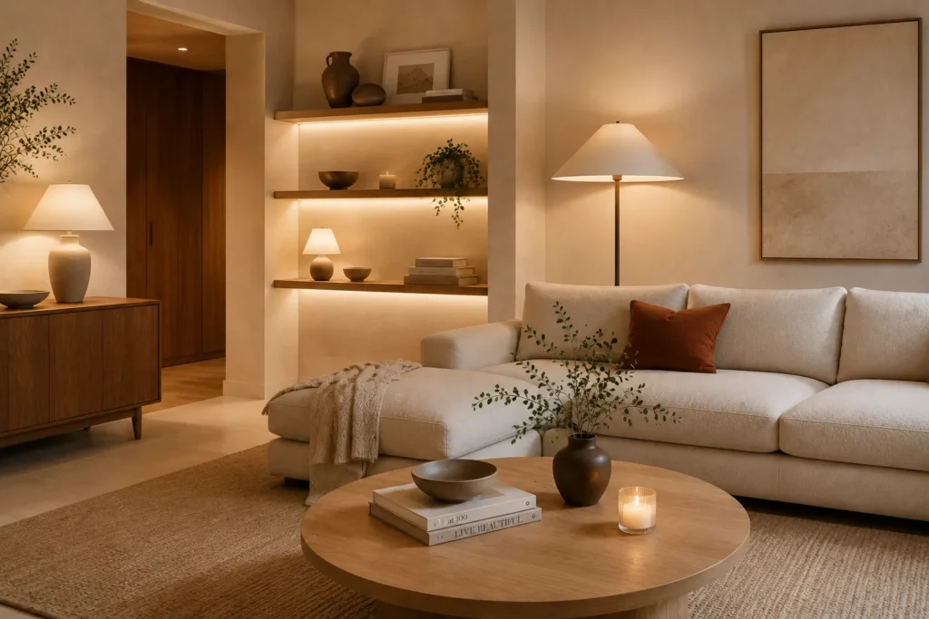 Warm Organic Modern living room illuminated with layered ambient and accent lighting