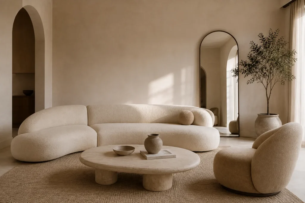 Organic Modern interior featuring a curved sofa, rounded coffee table, and sculptural mirror
