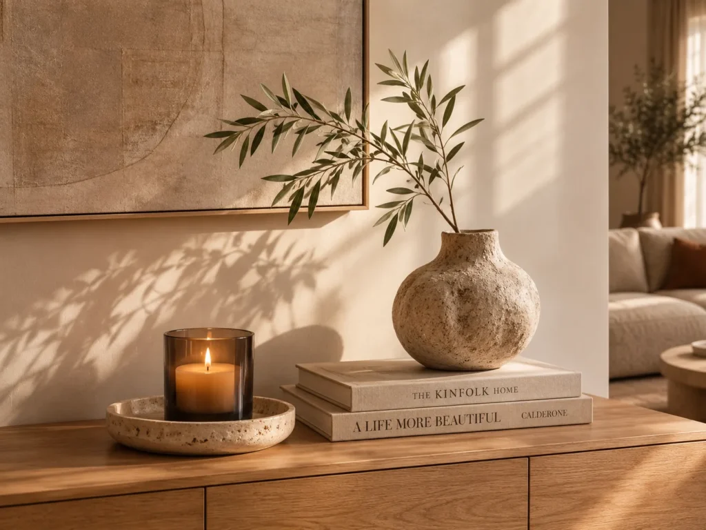 Organic Modern console styled with three decorative objects of varying heights
