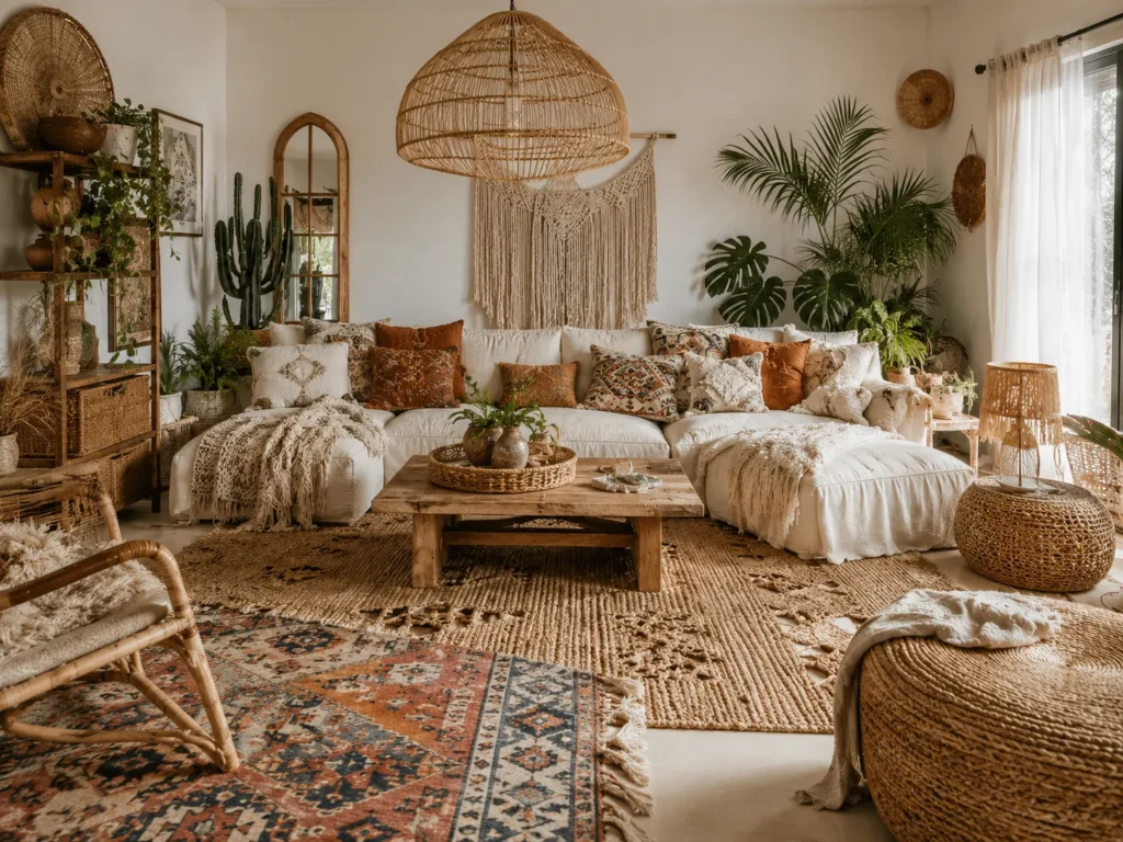 Interior showing an overly bohemian interpretation of Organic Modern design with excessive rattan and pattern
