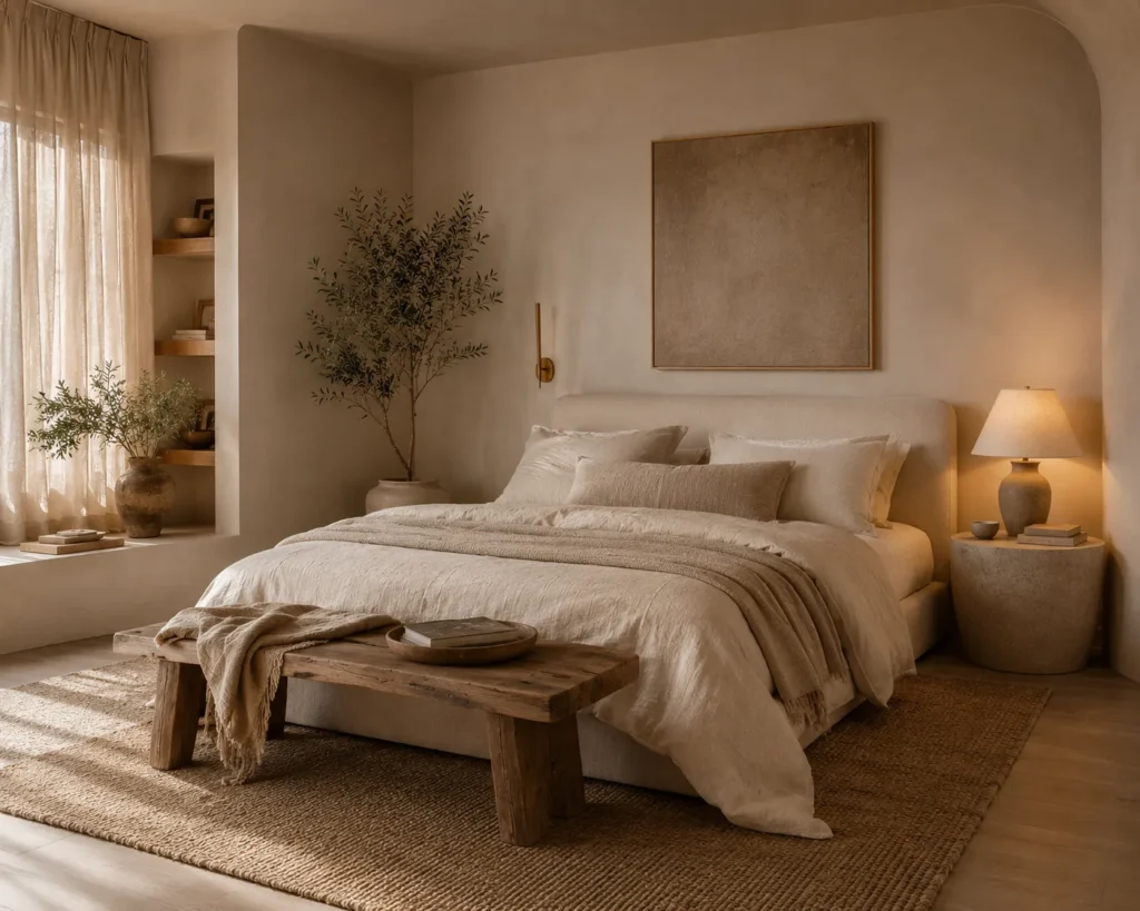 Warm neutral Organic Modern bedroom with linen bedding, natural wood, and soft textures