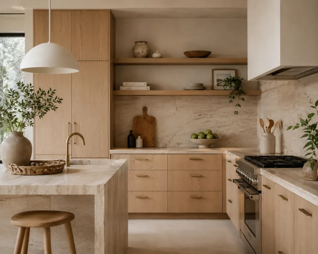 Organic Modern kitchen with white oak cabinetry, natural stone, and minimal hardware