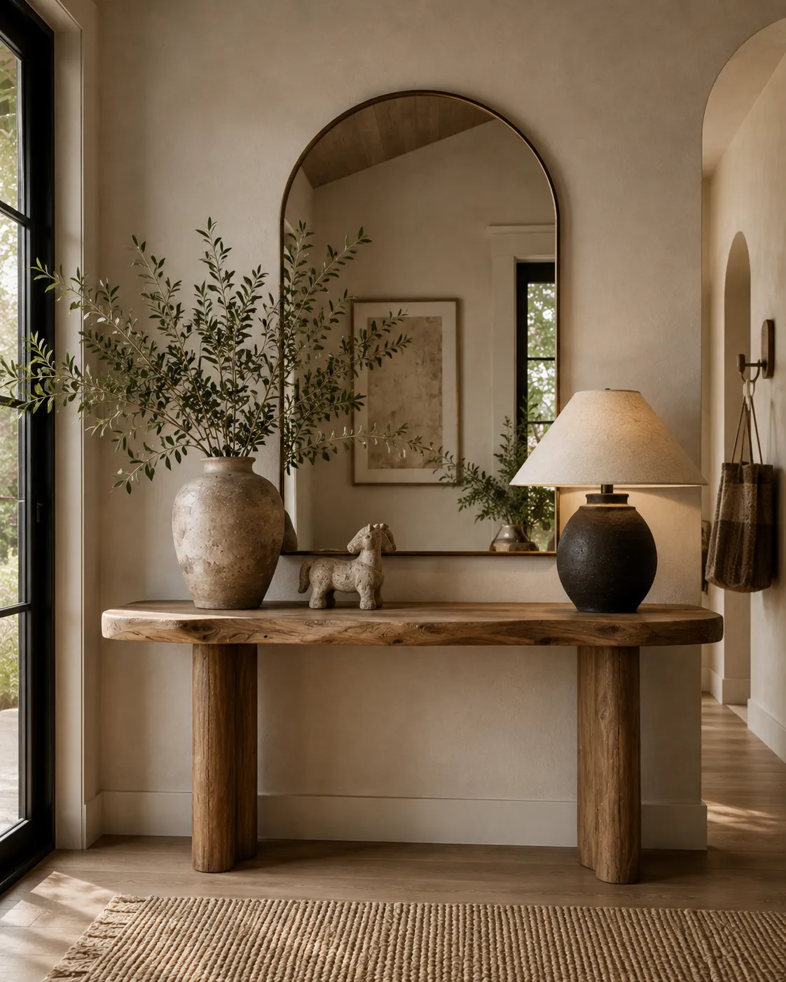 Organic Modern entryway with an arched mirror, wood console, and sculptural decor